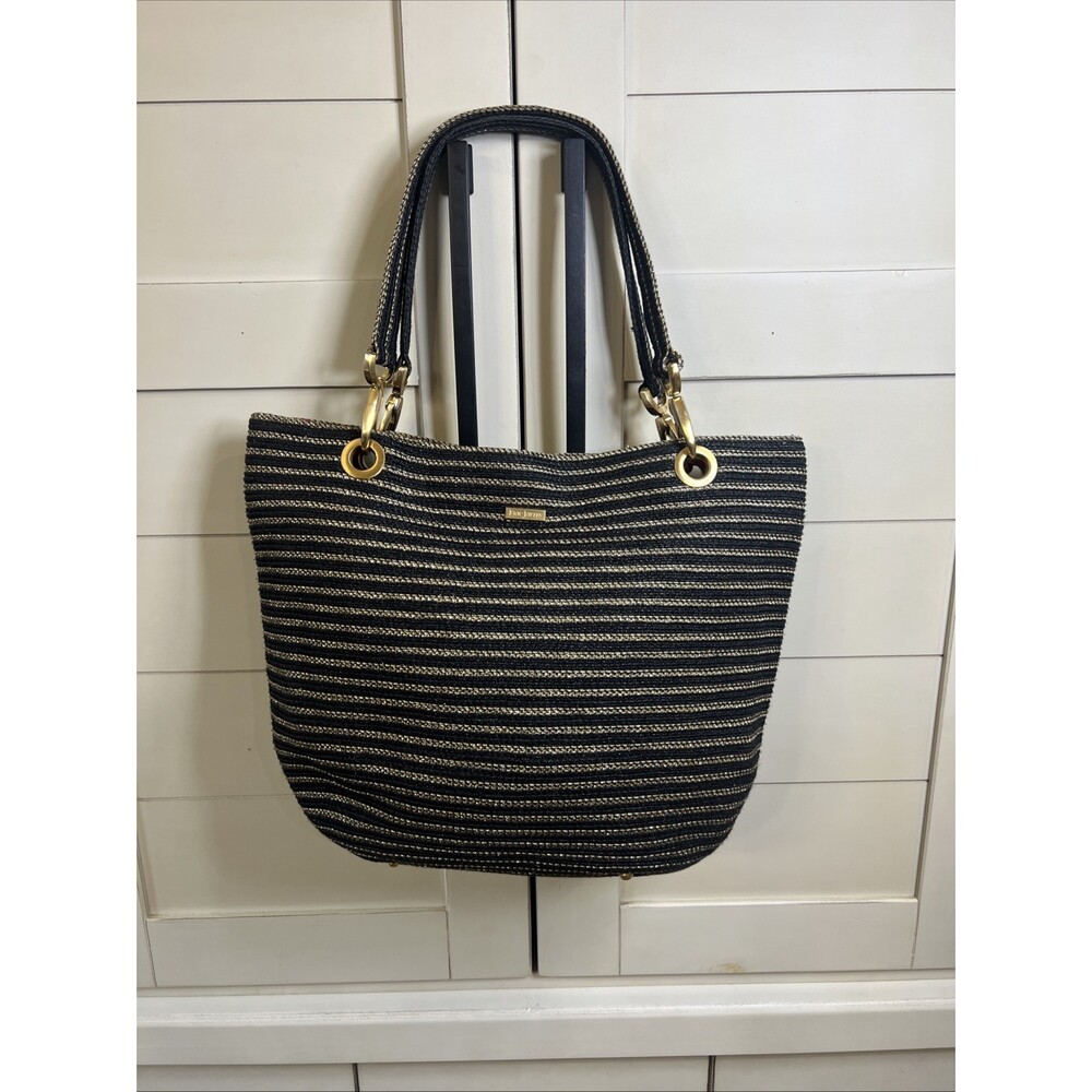 Eric Javits Women’s Tote Sack Bag Handbag Purse Black Gold Woven Summer Spring
